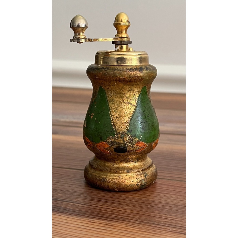 Vintage Italian Florentine Wood Pepper Grinder Mill Hand Painted Gold Steel